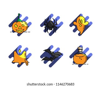 Simple Set on Halloween night Related Vector Line Icons. Colorful template. Contains such Icons as pumpkin , spider, ghost, candle, bat, potion. 