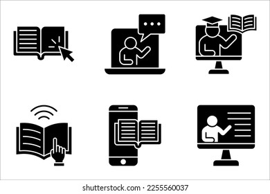 Simple conjunto de iconos vectores de educación en línea. Contiene iconos como Tutorial de vídeo, Libro electrónico, ilustración vectorial sobre fondo blanco