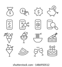 Simple set of online food order, shopping or purchase food with special offer,discount coupon related icons isolated. Modern outline on white background