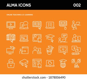 Simple Set of Online Learning Related Vector Line Icons. Contains such Icons as Video Lecture, Webinar, E-book, On-line Tutorial, Distance Education and more. 64x64 Pixel Perfect.