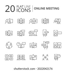 Simple set of online meeting related line icons isolated. Video conference concept. Distance work and learning. Collection of vector elements. Laptop, computer, smartphone, chatting, conferencing