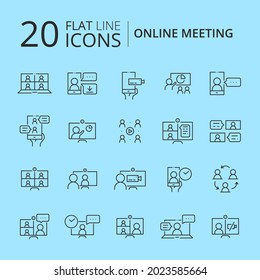 Simple set of online meeting related line icons isolated. Video conference concept. Distance work and learning. Collection of vector elements. Laptop, computer, smartphone, chatting, conferencing