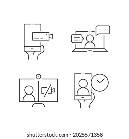 Simple set of online meeting related line icons isolated. Video conference concept. Distance work and learning. Collection of vector elements. Laptop, computer, smartphone, chatting, conferencing