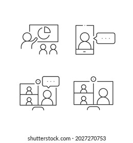 Simple set of online meeting related line icons isolated. Video conference concept. Distance work and learning. Collection of vector elements. Laptop, computer, smartphone, chatting, conferencing
