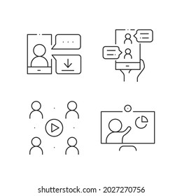 Simple set of online meeting related line icons isolated. Video conference concept. Distance work and learning. Collection of vector elements. Laptop, computer, smartphone, chatting, conferencing