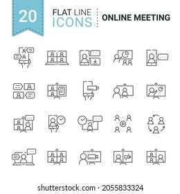 Simple set of online meeting related line icons isolated. Video conference concept. Distance work and learning. Collection of vector elements. Laptop, computer, smartphone, chatting, conferencing
