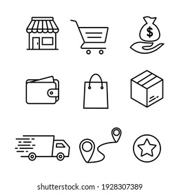 Simple set of online shop market vector icon. Contains such Icons as money, fund, order, wallet, purse, bag, collect, box, delivery truck, and more. e-commerce business concept icon.