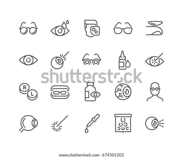 Simple Set of Optometry\
Related Vector Line Icons. \
Contains such Icons as Eye Exam, Laser\
Surgery, Eyeball, Glasses and more.\
Editable Stroke. 48x48 Pixel\
Perfect.