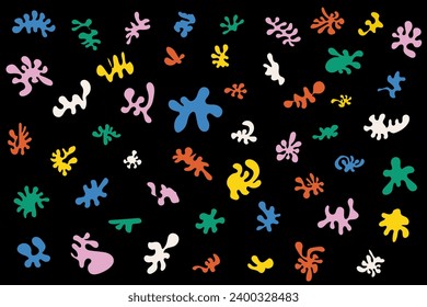 Un ensemble simple de formes liquides organiques. Gouttes d'Amoeba de différentes tonalités isolées sur fond noir. Forme d'art pour les messages sur les réseaux sociaux, les marques, les bannières. Illustration vectorielle.