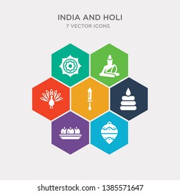 simple set of ornament, sandesh, dung, holi icons, contains such as icons peacock, buddha, chakra and more. 64x64 pixel perfect. infographics vector