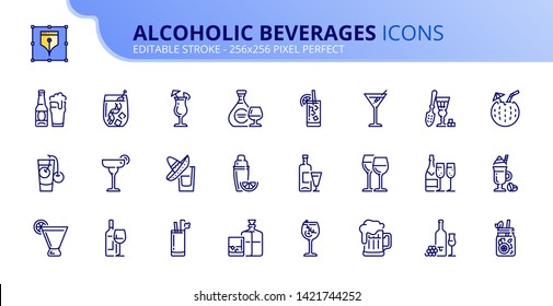 Conjunto simple de iconos de esquema sobre bebidas alcohólicas. Bebidas. Trazo editable. Vector - 256x256 píxeles perfecto.