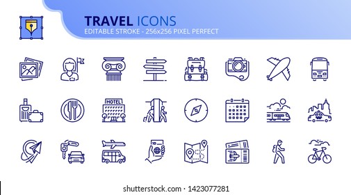 Simple set of outline icons about travel. Editable stroke. Vector 256x256 pixel perfect.