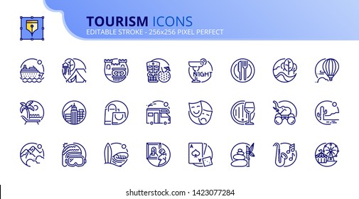 Simple set of outline icons about tourism and travel. Editable stroke. Vector 256x256 pixel perfect.