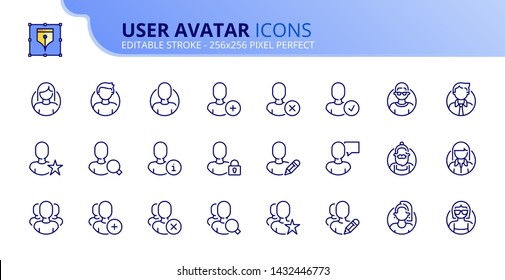 Simple set of outline icons about user interface and avatars. Editable stroke. Vector - 256x256 pixel perfect.