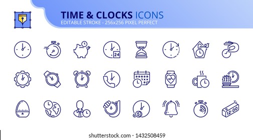 Simple set of outline icons about time and clocks. Editable stroke. Vector 256x256 pixel perfect.