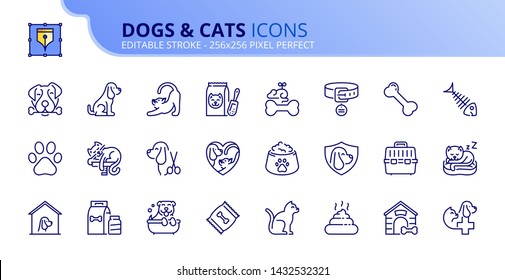 Simple set of outline icons about dogs and cats. Pets. Editable stroke. Vector - 256x256 pixel perfect.