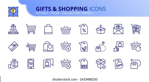 Simple set of outline icons about gifts and shopping. Editable stroke. Vector - 256x256 pixel perfect.