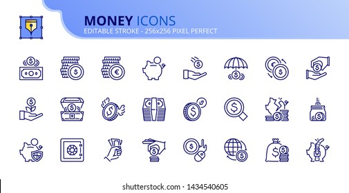 Simple set of outline icons about money. Finance concept. Editable stroke. Vector - 256x256 pixel perfect.