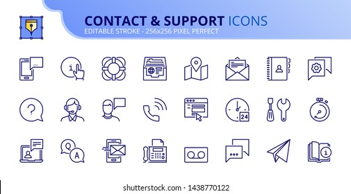 Simple set of outline icons about contact and support. Editable stroke. Vector - 256x256 pixel perfect.