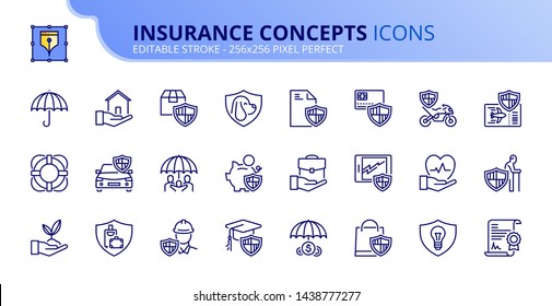 Simple set of outline icons about insurance concepts. Editable stroke. Vector - 256x256 pixel perfect.