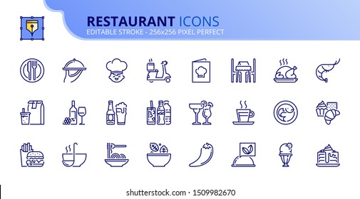 Einfache Zusammenstellung von Symbolen zum Thema Restaurant. Essen und Trinken. Bearbeitbarer Strich. Vector - 256x256 Pixel perfekt.