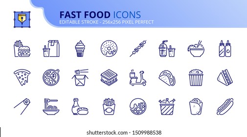 Simple set of outline icons about fast food. Food and drink. Editable stroke. Vector - 256x256 pixel perfect.