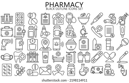 Simple set of outline icons about pharmacy. Included the icons as drugs, medicine, prescription and more. use for modern UI or UX kit, digital banner and app. vector EPS 10 ready convert to SVG.