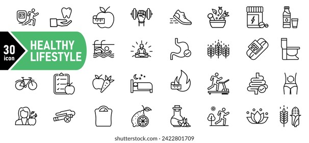 Conjunto simple de iconos de esquema sobre el estilo de vida saludable