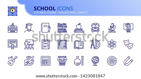 Simple set of outline icons about school. Editable stroke. Vector 256x256 pixel perfect.