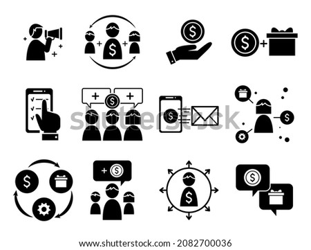 Simple set of outline icons for refer a friend program isolated on white background