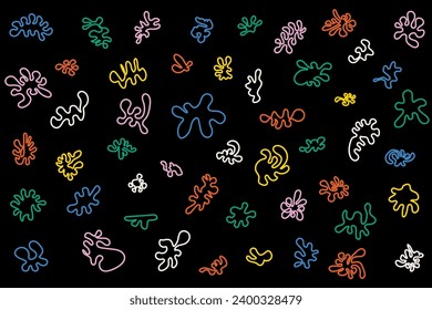 Un simple conjunto de formas de contorno de líquidos orgánicos. aislado en el fondo negro. Forma de arte para publicaciones en medios sociales, marcas, pancartas. Ilustración vectorial.