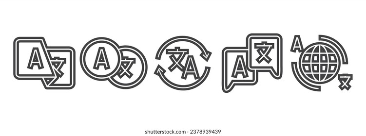 Simple set outline Translator app icon vector. Translate language glossary chinese english bubble phone app symbol vector icon. Online multi language translator.  Simple illustration of traslator.