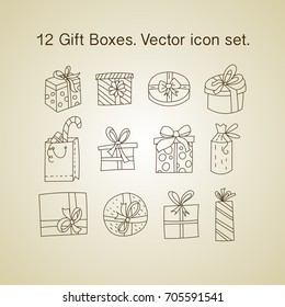 Simple Set of Outline Vector Thin Line Icons. Gift boxes with ribbons in various shapes. Christmas symbols.