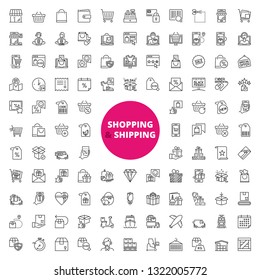 Simple set of over 100 outline icons about shopping and shipping