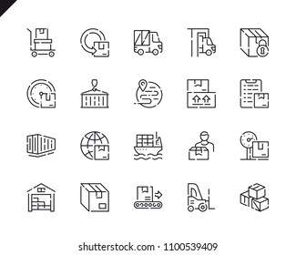 Simple Set Package Delivery Line Icons for Website and Mobile Apps. Contains such Icons as Warehouse, Truck, Worldwide Shipping, Cargo. 48x48 Pixel Perfect. Vector illustration.