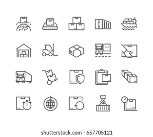 Simple Set of Package Delivery Related Vector Line Icons. 
Contains such Icons as Warehouse, Worldwide Shipping, Package Return and more.
Editable Stroke. 48x48 Pixel Perfect.