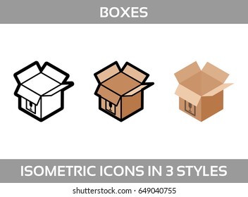 Simple Set of Isometric packaging boxes Vector 3D Icons. Color isometric icons in three styles. Cardboard boxes
