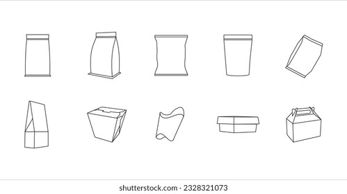 Conjunto simple de empaque vector de ícono de alimento, ilustración de icono de bocadillo, bolsa de papel, caja de comida, símbolos de empaque de comida, conjunto de iconos de arte de línea. Contenedores, materiales de envasado para alimentos transformados y crudos, 