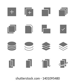 Simple Set of Pages Related Vector  solid silhouette Icons. Contains such as  tab, layers, new, add, order, swap, change, slide, flip, spin, circle and more. illustration.