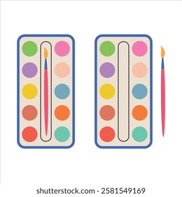A simple set of paints in a box with a brush. Isolated vector illustration in flat style.