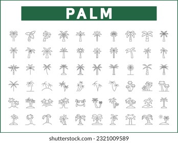 Simple Set of palm tree Related Vector Line Icons. Vector collection of summer, tree, beach, plant, tropical, nature, outdoor, greenery, evergreen, coconut and design elements symbols or logo element.