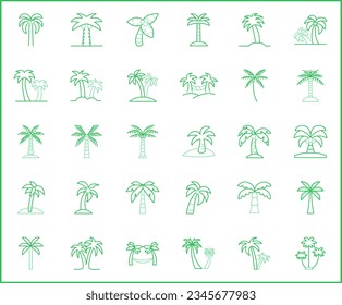 Conjunto simple de iconos de línea vectorial relacionados con la palmera de palmera. Colección vectorial de elementos de verano, árbol, playa, planta, tropical, naturaleza, exterior, vegetación, evergreen, coco y diseño, símbolos o logotipo.