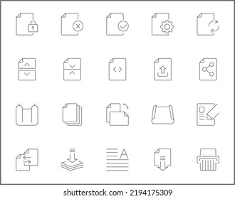 Conjunto simple de iconos de línea de vectores relacionados con el papel. Contiene iconos como informe, documento, archivo, adjunto, triturador, papel, notas, clip y más.