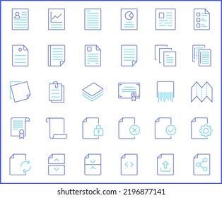 Conjunto simple de iconos de línea de vectores relacionados con el papel. Contiene iconos como informe, documento, archivo, adjunto, triturador, papel, notas, clip y más.
