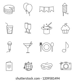 Simple Set of Party Related Vector Line Icons. Contains such Icons as Bouquet of Flowers, Karaoke, Dj, Masquerade and more. Flat design