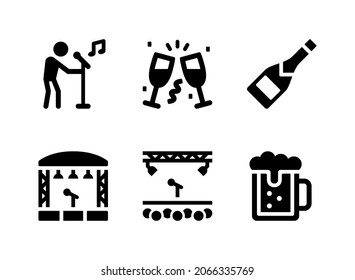 Simple Set of Party Related Vector Solid Icons. Contains Icons as Karaoke, Cheers, Wine Bottle and more.