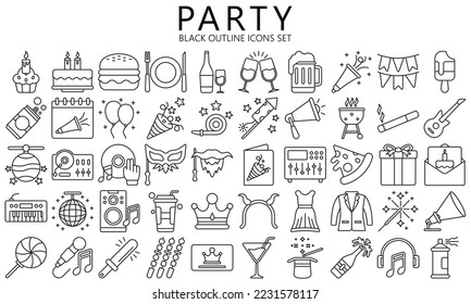 Simple Set of Party Related Vector Line Icons. Contains such Icons as music, food, Dj, Masquerade and more. vector EPS 10 ready convert to SVG. use for modern concept, UI or UX kit, web and app.