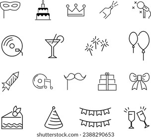 Simple Set of Party Related Vector Line Icons. Contains such Icons as Bouquet of Flowers, Karaoke, Dj, Masquerade and more. Vector illustration graphics.