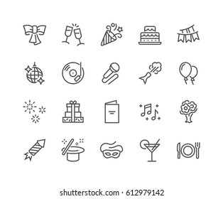 Simple Set of Party Related Vector Line Icons. 
Contains such Icons as Bouquet of Flowers, Karaoke, Dj, Masquerade and more.
Editable Stroke. 48x48 Pixel Perfect.