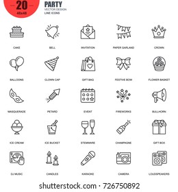 Simple Set of Party Related Vector Line Icons. Contains such Icons as Cake, Bell, Fireworks, Dj Music, Champagne, Gift Bag, Masquerade, Bullhorn and more. Editable Stroke. 48x48 Pixel Perfect.